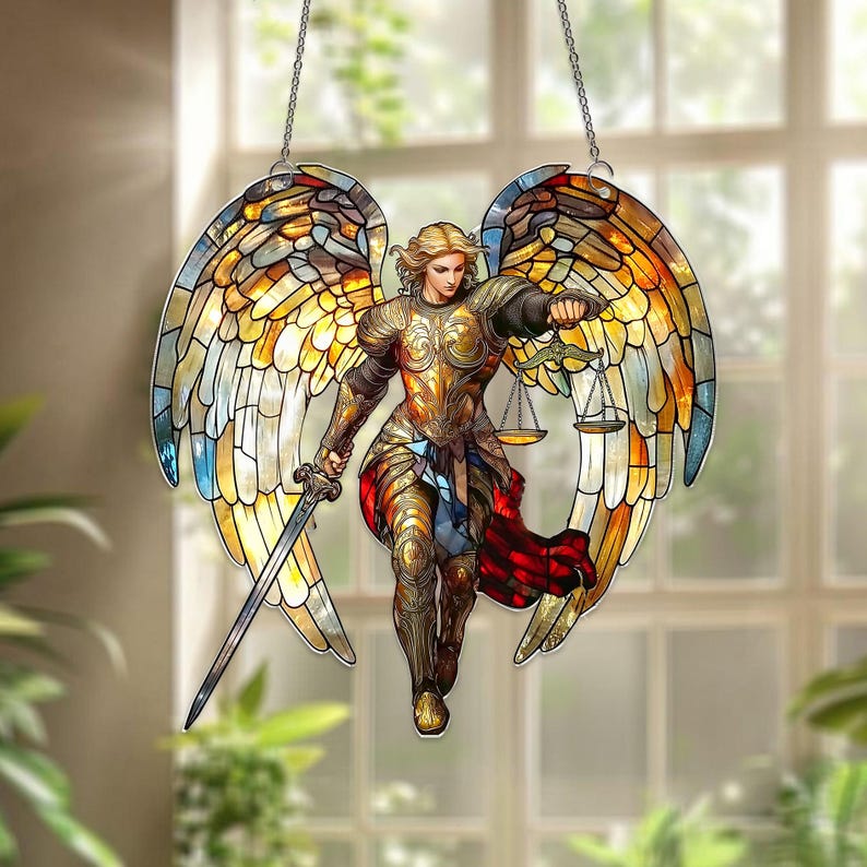 May include: A stained glass-style angel with large, colorful wings. The angel is depicted in golden armor, holding a sword and scales. The wings feature a mosaic of yellow, orange, and blue hues, creating a vibrant and detailed design. The artwork is suspended by a chain.