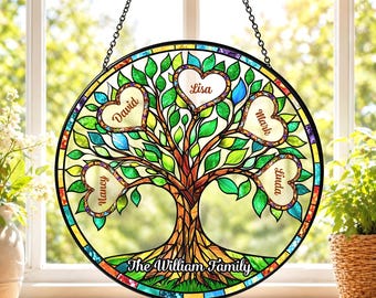 Personalized Tree Of Life Family Glass Suncatcher, Tree Family Window Hanging, Grandma with Kids names, Suncatcher Gift For Mom, Grandma
