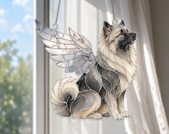 Personalized Keeshond Angel Wings Suncatcher, Custom Dog Memorial Window Hanging, Pet Loss Gift, Rainbow Bridge Acrylic Ornament