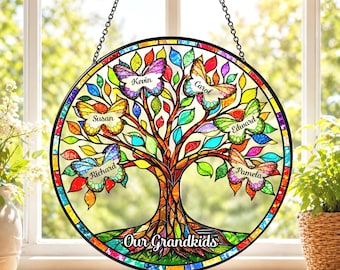 Personalized Butterfly Family Tree Suncatcher, Custom Grandkids Names Gift, Tree Window Hanging, Grandma Gift, Colorful Tree Decor