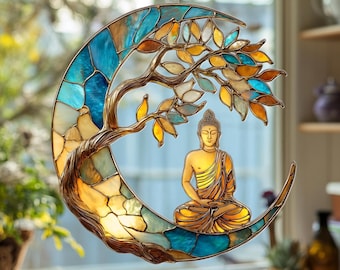 Buddha Crescent Moon Acrylic Suncatcher, Zen Meditation Window Hanging, Spiritual Tree of Life Decor, Boho Yoga Gift