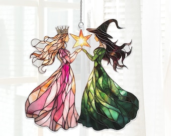 Elphaba and Glinda Halloween Suncatcher, Wicked Witches Acrylic Ornament, Oz Fan Gift, Witchy Window Decor, Halloween Broadway Gift
