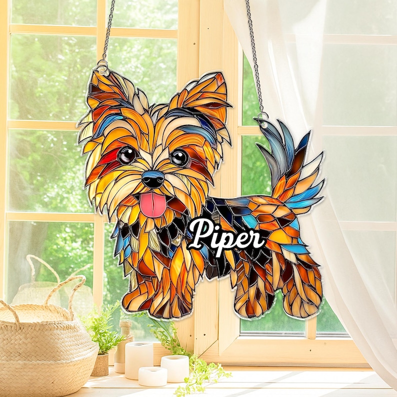 Custom Yorkshire Terrier Acrylic Suncatcher,Yorkie Dog Ornament,Yorkie Window Hanging Decor,Yorkie Stained Glass Art,Yorkshire Terrier Gifts afbeelding 3