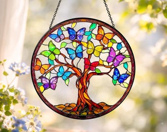 Butterfly Tree of Life Suncatcher, Tree of Life Window Hanging, Colorful Tree of Life Home Decor, Butterfly Tree Glass Art