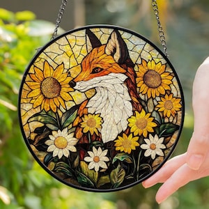 Fox Sunflowers Stained Glass Suncatcher, Fox Window Hanging Decor, Fox Lover Gift, Wild Animal Suncatcher, Fox Stained Glass Art