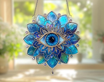 Evil Eye Acrylic Suncatcher, Blue Mandala, Boho Window Decor