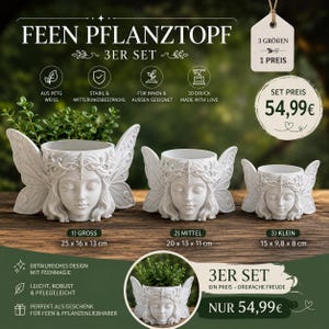 Könnte beinhalten: Ein 3er-Set weißer, 3D-gedruckter Feen-Pflanztöpfe in verschiedenen Größen mit skulptierten Gesichtern und Flügeln. Der große Topf misst 25x16x13 cm, der mittlere 20x13x11 cm und der kleine 15x9,8x8 cm. Text: FEEN PFLANZTOPF 3ER SET.