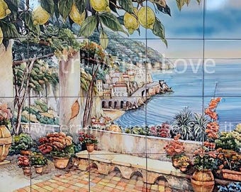 May include: A hand-painted ceramic tile mural depicting a Mediterranean scene. The mural features a lemon tree, a stone patio with a bench, and a view of a coastal town with a blue sea in the background.