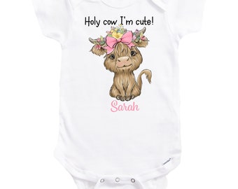 Baby Onesie® brand bodysuit, Highland cow, Holy cow I'm cute baby girl romper, personalized baby shower gift, custom baby girl outfit