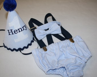 blue seersucker cake smash outfit first birthday outfit navy light blue stripe 1st birthday hat suspenders diaper cover bow tie birthday hat