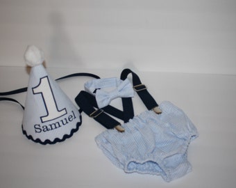 cake smash outfit boys blue seersucker first birthday outfit navy light blue stripe 1st birthday hat suspenders diaper cover bow tie