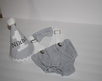 boys cake smash outfit gray seersucker first birthday outfit gray white stripe 1st birthday hat suspenders diaper cover bow tie birthday hat