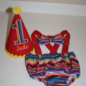 cake smash outfit for boy first birthday outfit for boy fiesta rainbow  1st birthday boys diaper cover bow tie birthday hat