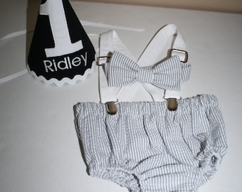 first birthday outfit baby boy cake smash outfit gray white stripe seersucker white suspenders 1st birthday hat diaper cover bow tie