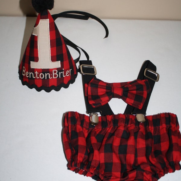 boys lumberjack first birthday outfit cake smash red and black buffalo plaid 1st birthday hat suspenders diaper cover, bow tie