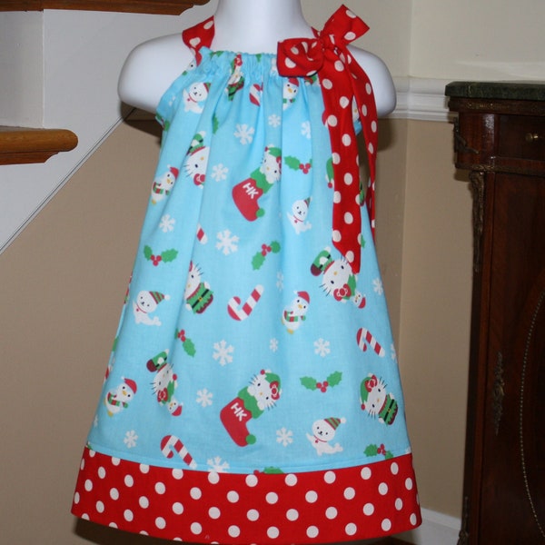 Pillowcase Dress Christmas Hello Kitty blue red green baby toddler girl dress red polka dot 0 - 5t