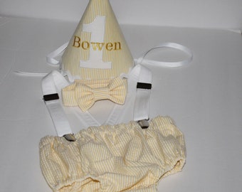 cake smash outfit, yellow seersucker first birthday outfit, baby photo prop, personalized 1st birthday hat diaper cover bow tie suspenders