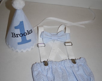 first birthday outfit boy cake smash set navy light and baby blue seersucker 1st birthday hat diaper cover suspenders bow tie birthday hat