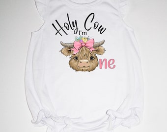 Holy cow I'm one, first birthday cake smash outfit, personalized romper, Highland cow bodysuit, customized 1st birthday