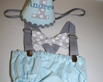 baby blue cake smash outfit boys first birthday outfit boys 1st birthday baby blue, gray, white, boys diaper cover, bow tie, suspenders, hat