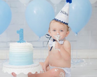 cake smash outfit boy, blue seersucker first birthday outfit, baby photo prop, personalized 1st birthday hat diaper cover bow tie suspenders