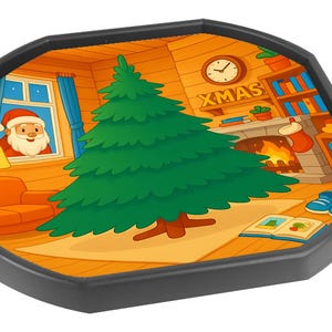 May include: An octagonal black tray with a festive Christmas scene. The illustration shows a Christmas tree, fireplace, and Santa Claus looking through a window. The word "XMAS" is above the fireplace, creating a warm, seasonal atmosphere.