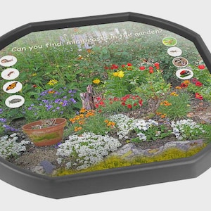 May include: A black, octagonal tray with a garden scene, vibrant flowers, and the text "Can you find, minibeasts in the garden?". The tray includes insect illustrations and a small terracotta pot.