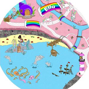 May include: A colourful playmat with a mermaid theme. The playmat features a pink and blue ocean with mermaids, dolphins, an octopus, and a lighthouse. There is also a rainbow bridge with the name "Ella" on it.