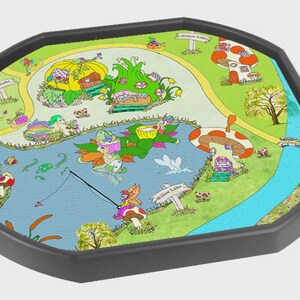 May include: An octagonal play tray with a black border, displaying a vibrant illustration of a fairy village. The image shows mushroom houses, a lake with fairies fishing, and pathways with signs reading "Willow Lake".