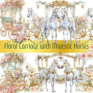 19 Clipart acquerello carrozza floreale con cavalli / Arte digitale / Kit stampabile / Download immediato / Scrapbooking / Scheda di journaling / PNG
