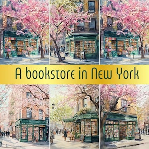 20 Digital Images &quot;A bookstore in NY&quot; | Printable Kit | Instant Download |  Scrapbooking |  Journaling Card | Watercolor Clipart | PNG