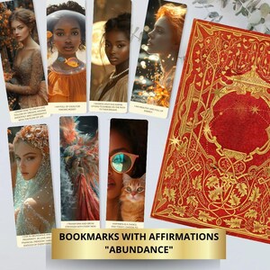 May include: Set of bookmarks with affirmations about abundance. Each bookmark features a different image of a woman, a cat, and a bird. The bookmarks are printed on white cardstock with gold accents. The text on the bookmarks includes affirmations such as "I know how to dream and follow my path, moving smoothly and confidently with the flow of life." and "I am full of ideas for making money."