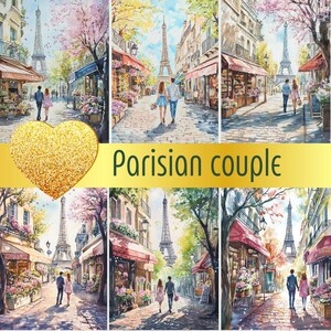 7 images numériques Couple parisien | Kit imprimable | Téléchargement instantané |  Scrapbooking |  Carte de journalisation | Clipart aquarelle | PNG