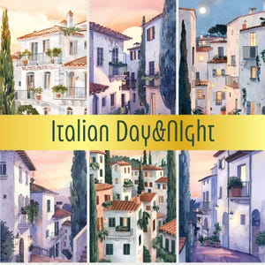 25 images numériques jour et nuit italiens | Kit imprimable | Téléchargement instantané |  Scrapbooking |  Carte de journalisation | Clipart aquarelle | PNG