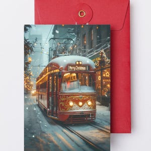 Paquete de 6 postales navideñas digitales / Tarjetas navideñas / Tarjetas de felicitación navideñas acogedoras / Postales navideñas lindas / Tranvías navideños