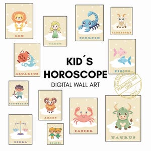 Bundle Láminas Signos del Zodiaco | 12 Cuadros Astrológicos Infantiles | Decoración Infantil Digital