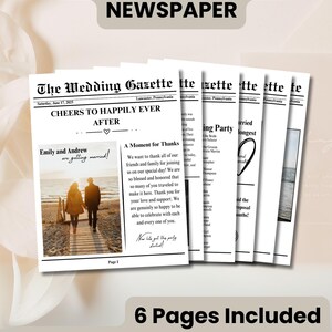 May include: A wedding program newspaper template with a black and white design. The front page features a couple walking on a beach with the text "The Wedding Gazette" and "Cheers to Happily Ever After".