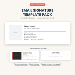 Könnte beinhalten: Ein E-Mail-Signatur-Vorlagenpaket als digitaler Download mit drei bearbeitbaren Designs für Microsoft Word. Das Layout enthält Platzhalter für Name, Jobtitel, Firma, Kontaktdaten und soziale Medien, kompatibel mit Gmail, Outlook und Apple Mail.