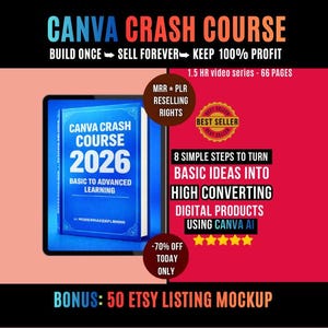 Curso intensivo de Canva 2026, Guía para principiantes de Canva con derechos de reventa, Curso de maestría en diseño de Canva, Minicurso de Canva para vendedores digitales de Etsy