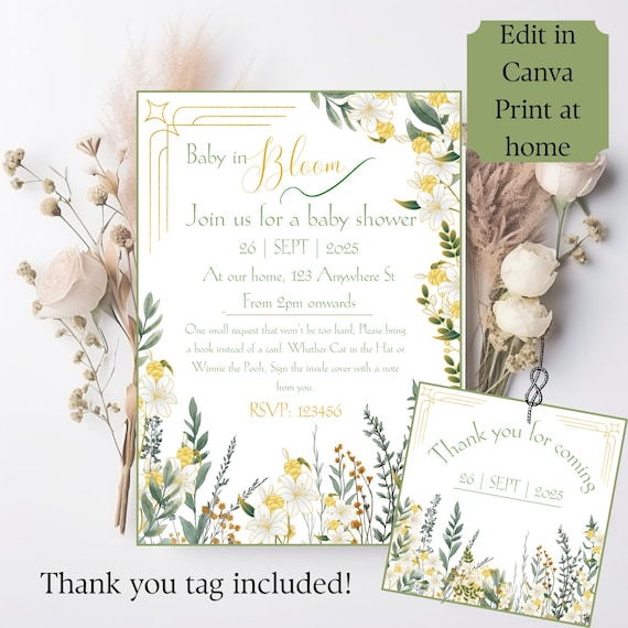 Baby in Bloom Sage Green Invitation Editable Template Boho