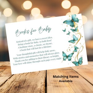 Carte Livres pour bébé - modèle modifiable - encart pour baby shower - invitation à une baby shower papillon - encart de demande de livre pour bébé - non sexiste