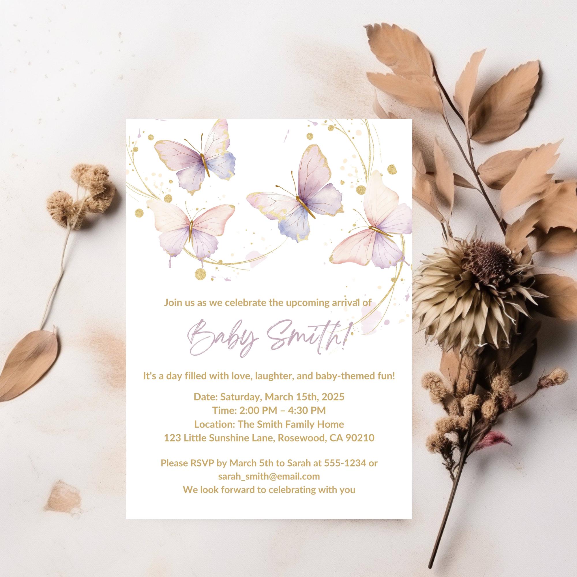 Editable Butterfly Baby Shower Invitation - Pink Floral - Digital ...