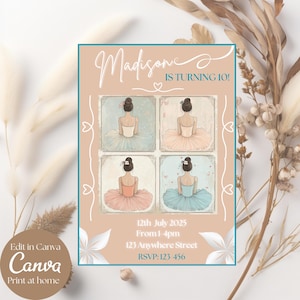 Ballerina Geburtstagseinladung bearbeitbare Vorlage Tanzparty einladen Ballettmädchen Tutu Design canva digital download anpassbare rosa Party