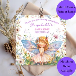 Fee ersten Geburtstag Danke Tags bearbeitbare Geschenkanhänger magische Party Favors Instant Download bearbeitbare Party Favor Mädchen 1