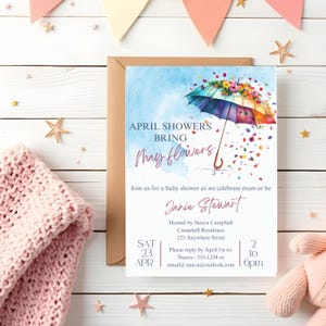 April Showers Bring May Flowers, Editable Baby Shower Invitation Template, Instant digital Download, gender neutral Spring Floral Design