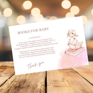 Livres pour carte de bébé, modèle modifiable, encart rose pour baby shower, canard rose layette, apportez une demande de livre, téléchargement numérique instantané imprimable