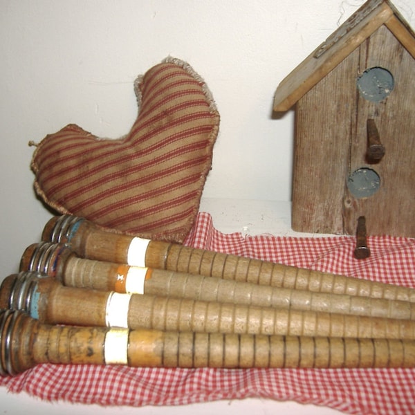 antique wooden mill thread spools. spindles. primitive. salvaged bobbins from maine textile mill.