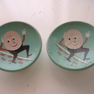 50's Lithographed Nursery Drawer Pull. Handle. Humpty Dumpty Turquoise Robins Egg Has pitting and rust.