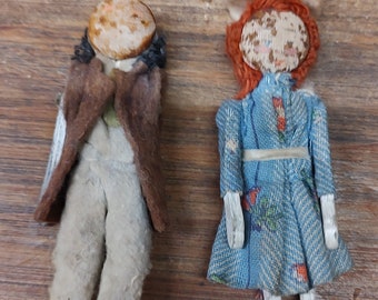 Antique Peg Dolls. Pair of two. Boy and Girl Penny Peg Dolls. As Is.