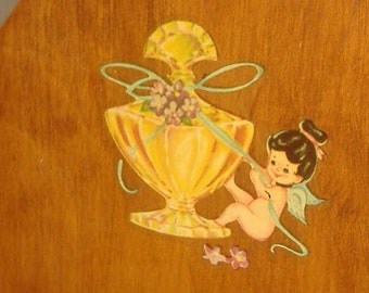 Vtg 50s Comb Holder Caddy Perfume Bottle Nail Polish Rack. Decoupaged Decals. Bath Bedroom Boudoir Wall Pocket.